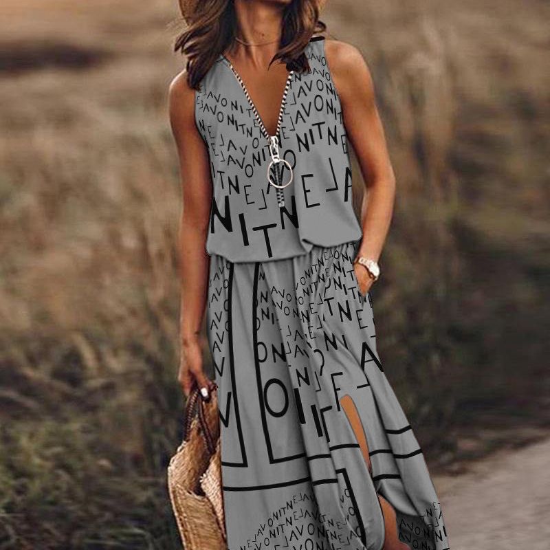 Sleeveless casual waist-cinching zipper letter print dress 54