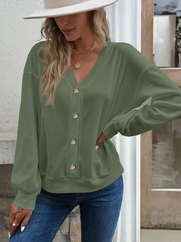 Solid color button V-neck loose long-sleeved T-shirt for women 48