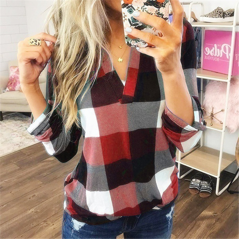 Spring and autumn plaid printed V-neck long-sleeved top T-shirt 46 02