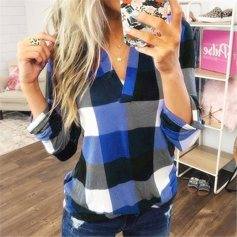 Spring and autumn plaid printed V-neck long-sleeved top T-shirt 46