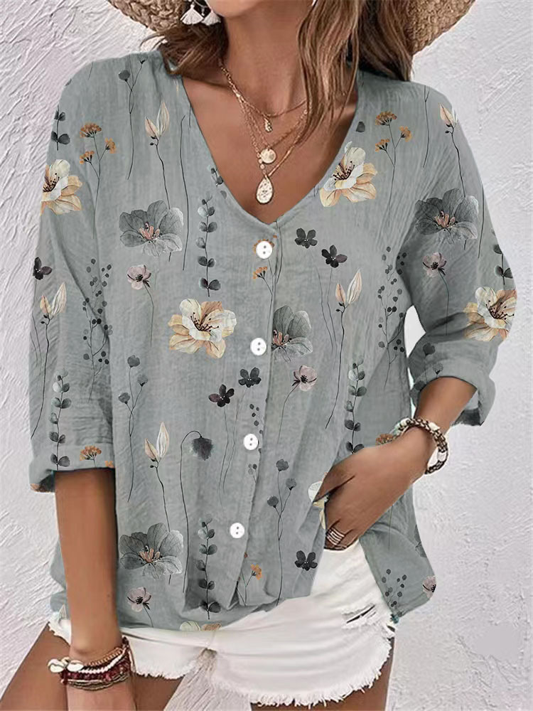 v-neck buttoned chiffon printed cardigan long sleeves 42 02