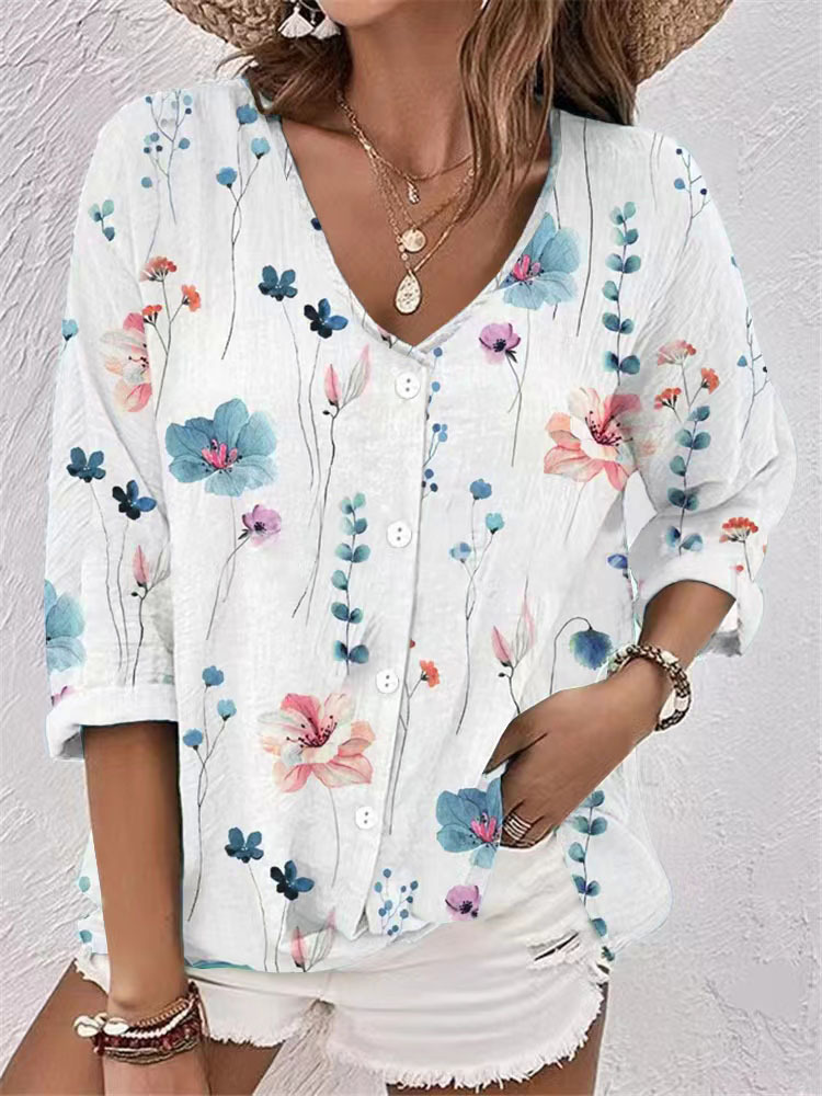 v-neck buttoned chiffon printed cardigan long sleeves 42