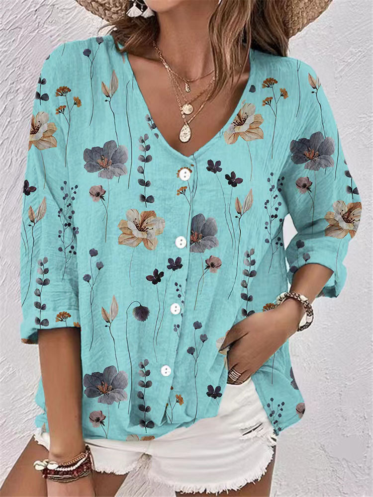 v-neck buttoned chiffon printed cardigan long sleeves 42