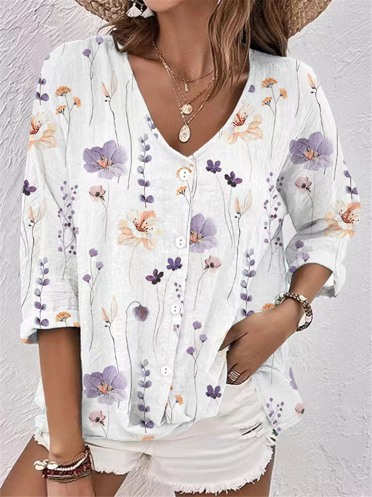 v-neck buttoned chiffon printed cardigan long sleeves 42