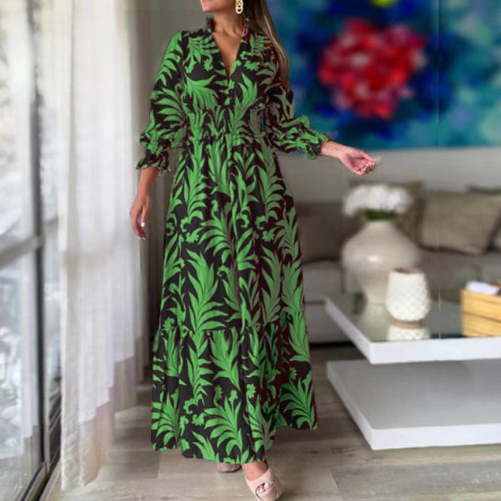 Waist pullover bohemian print long sleeve full skirt dress 47