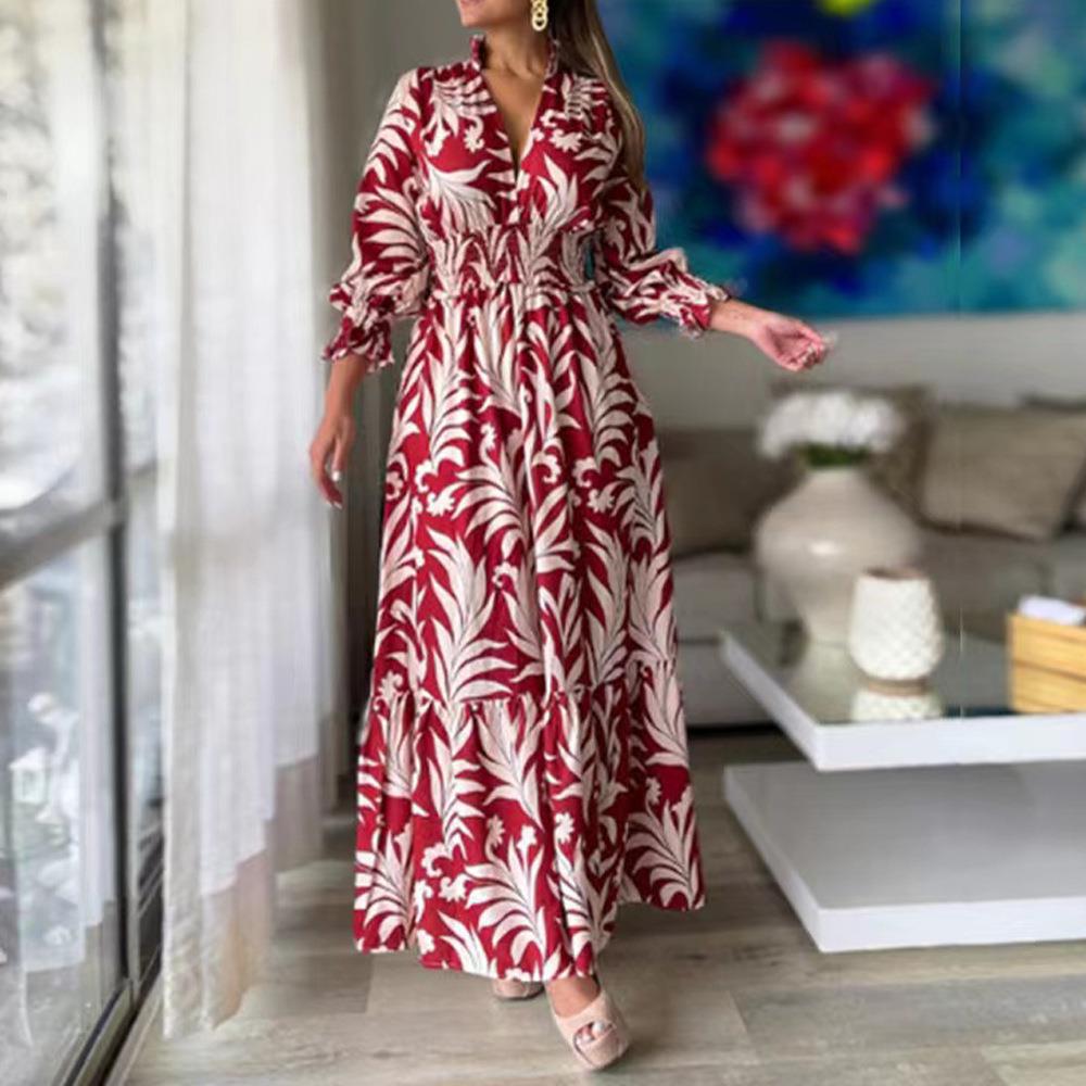 Waist pullover bohemian print long sleeve full skirt dress 47