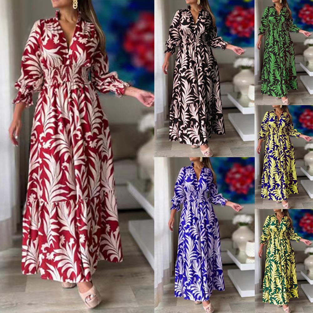 Waist pullover bohemian print long sleeve full skirt dress 47