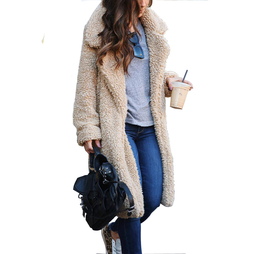 Women's long sleeve lapel plush top long coat 50