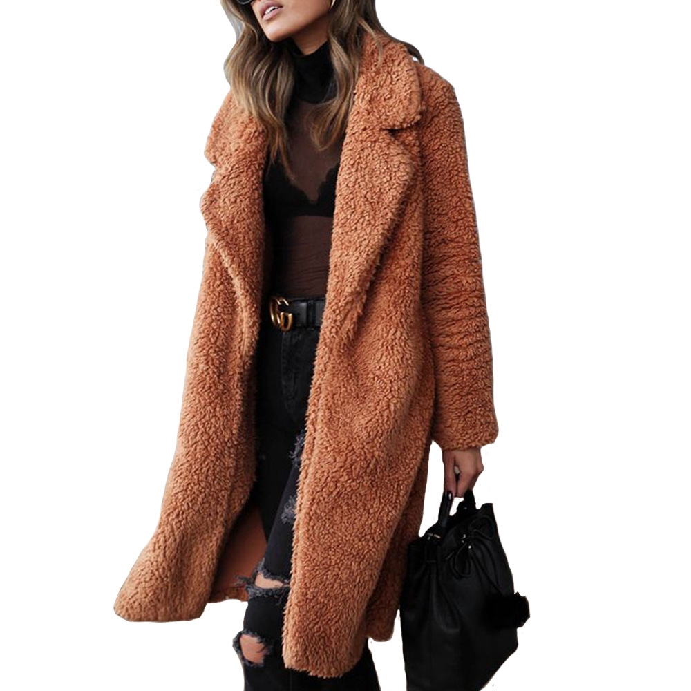 Women's long sleeve lapel plush top long coat 50