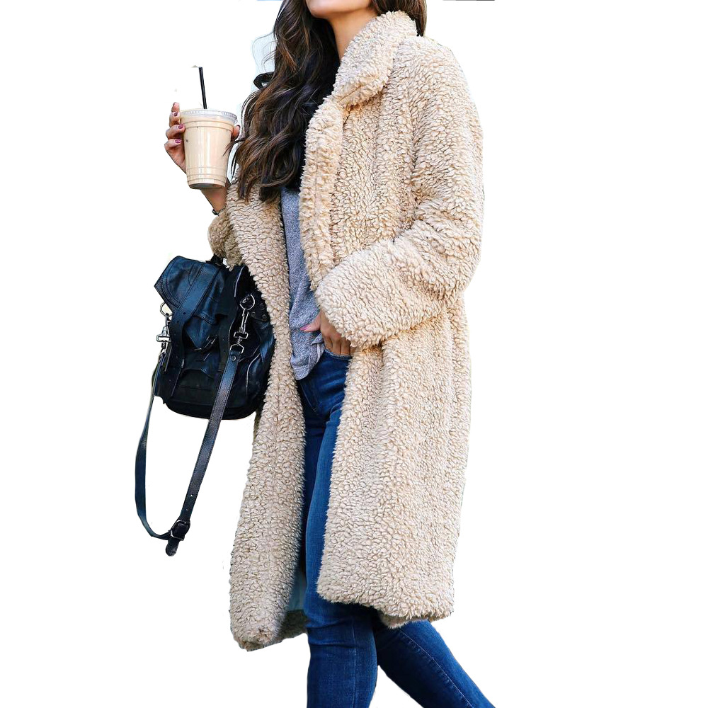 Women's long sleeve lapel plush top long coat 50