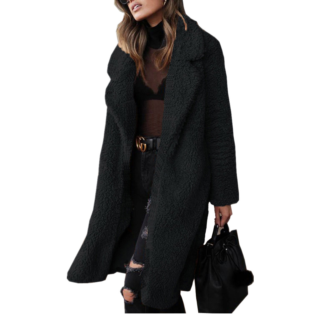 Women's long sleeve lapel plush top long coat 50