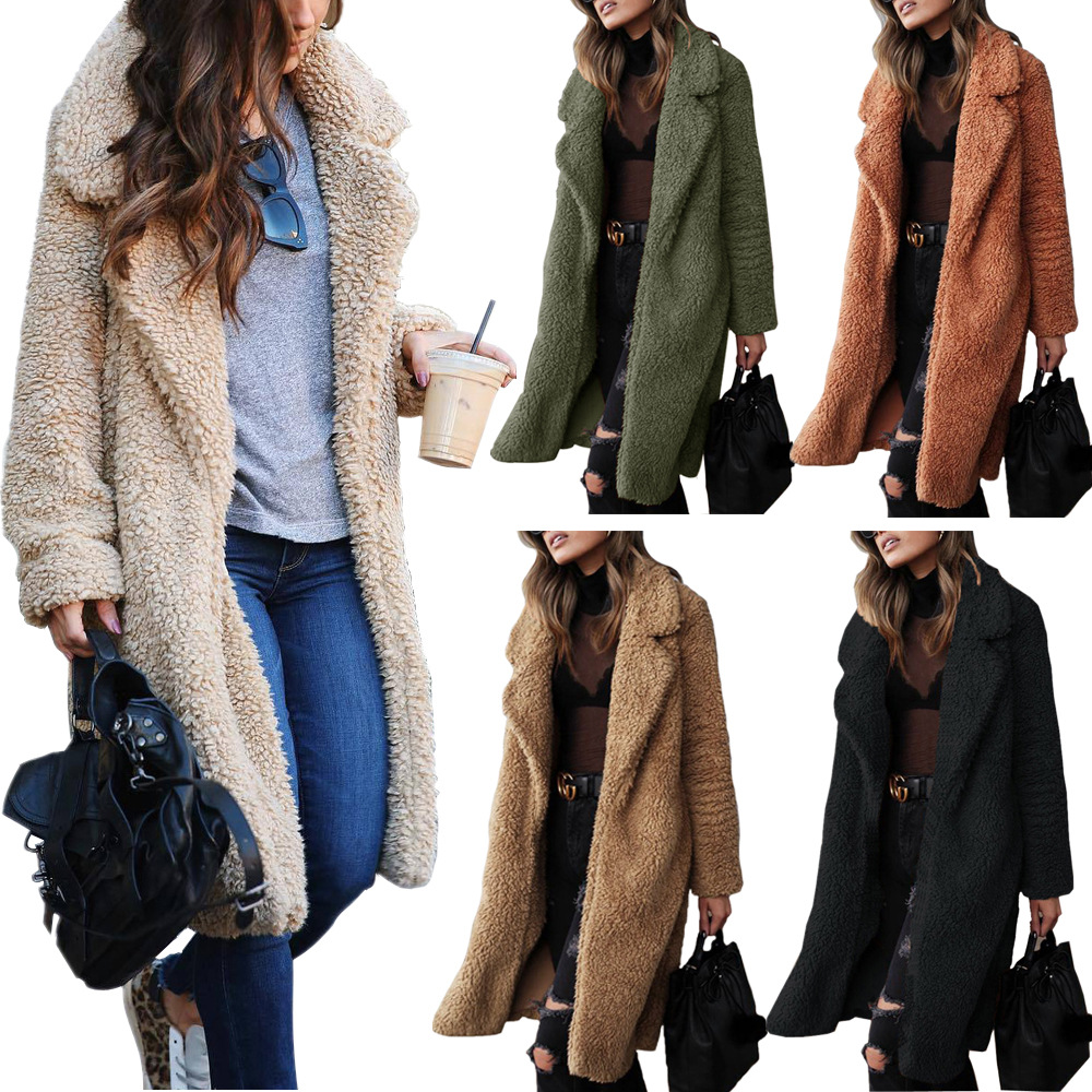 Women's long sleeve lapel plush top long coat 50